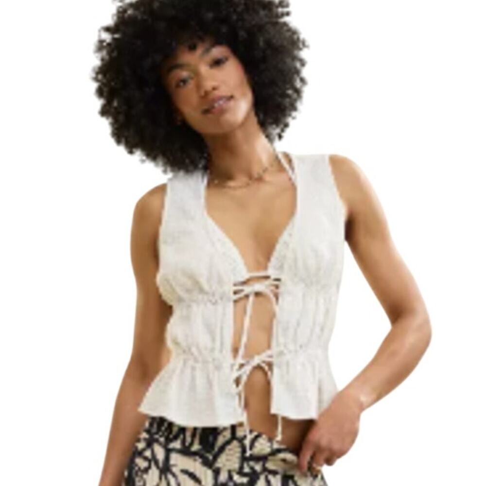 New Aerie Womens Small 100% Cotton Open Tie Front Gauzy Sleeveless Tank Top